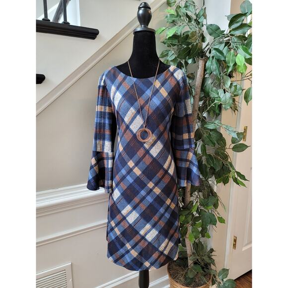 JH Women's Dress Large Multicolor Plaid Long Sleeve Bell Sleeve Casual - Picture 1 of 13